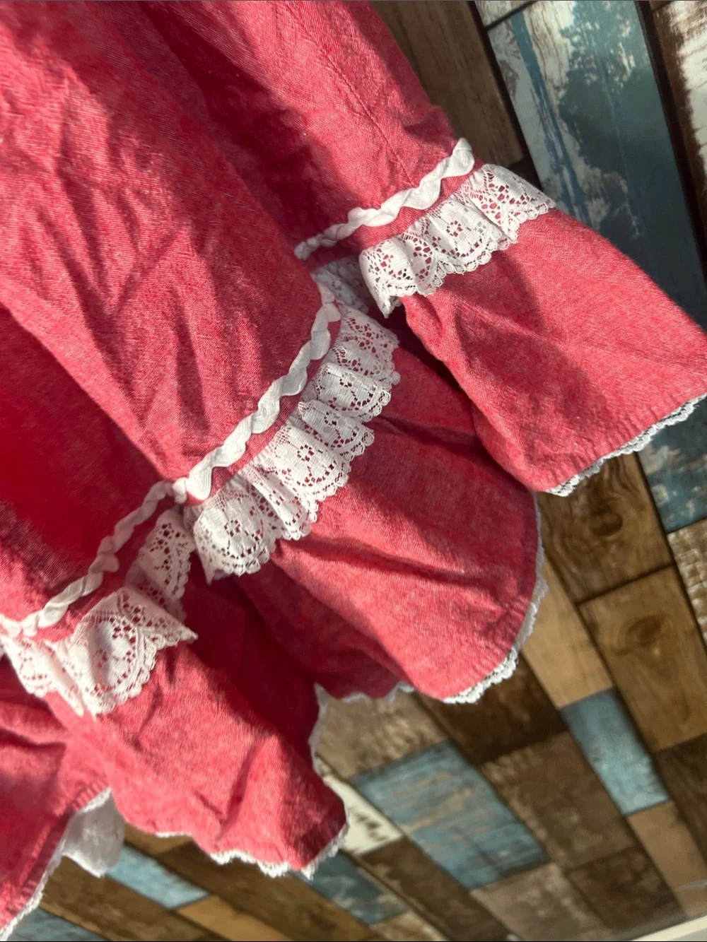 Brand Red Ruffled A-Line Midi Skirt with Lace Trim western - Picture 16 of 16